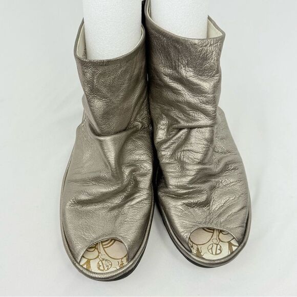 Fly London Yama Gold Metallic Ruched Leather Slingback Lace Up Chunky Wedges - Picture 4 of 12